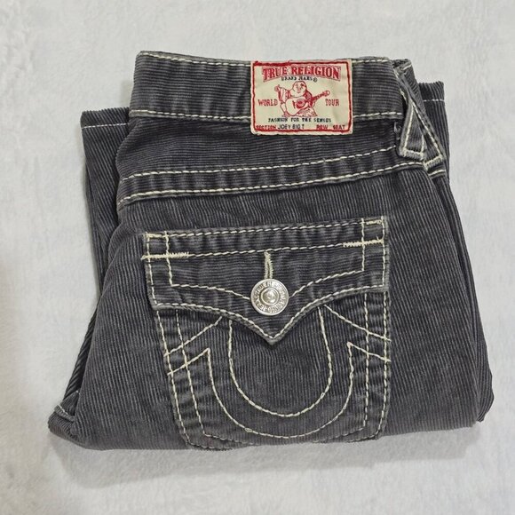 True Religion ✦ Gray Corduroy Flare Jeans ✦ Joey Big T Flare w/ Signature Stitch - Picture 9 of 13
